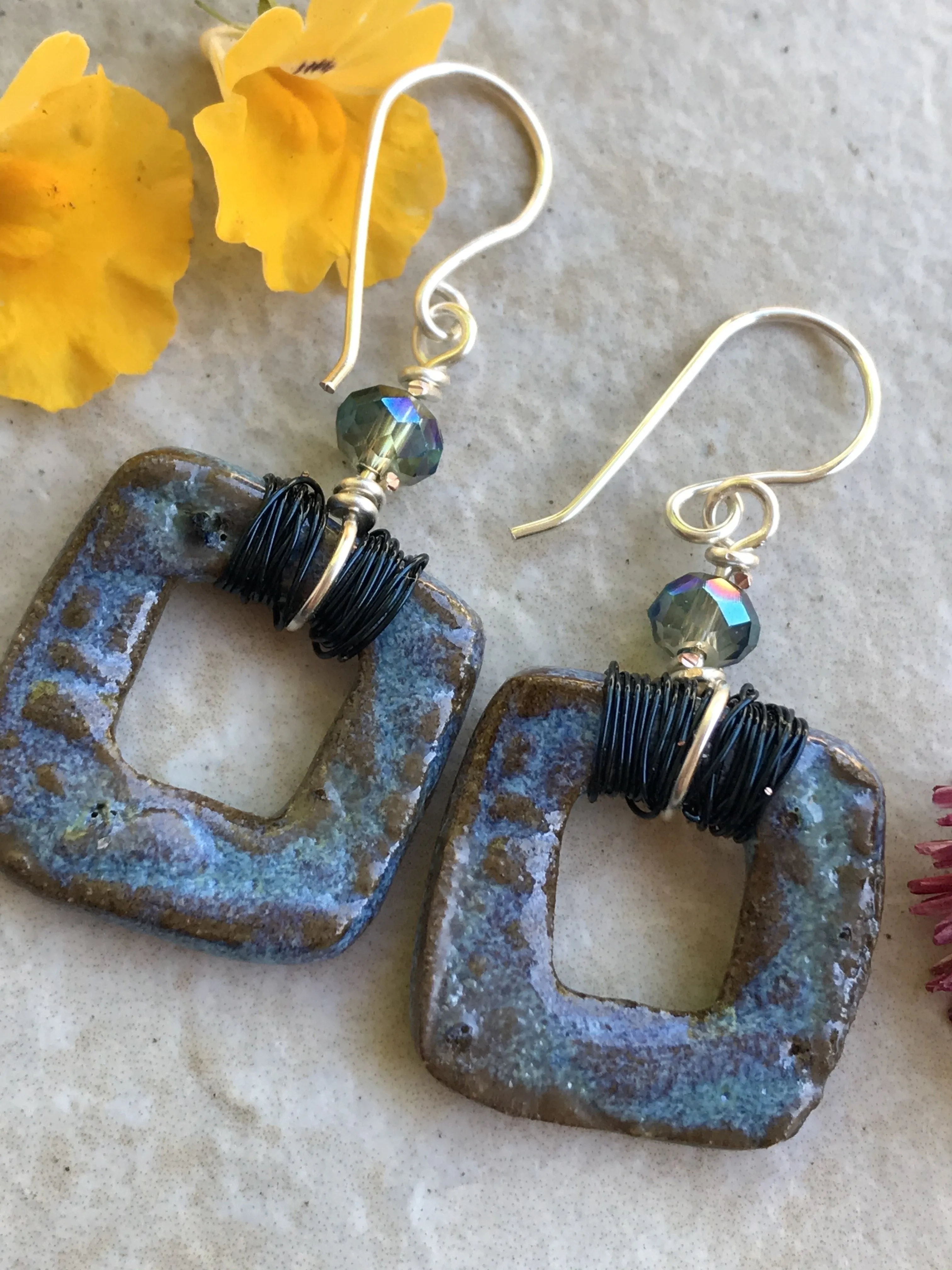 Sweet Square Earrings, Handmade Earrings with Glass Beads