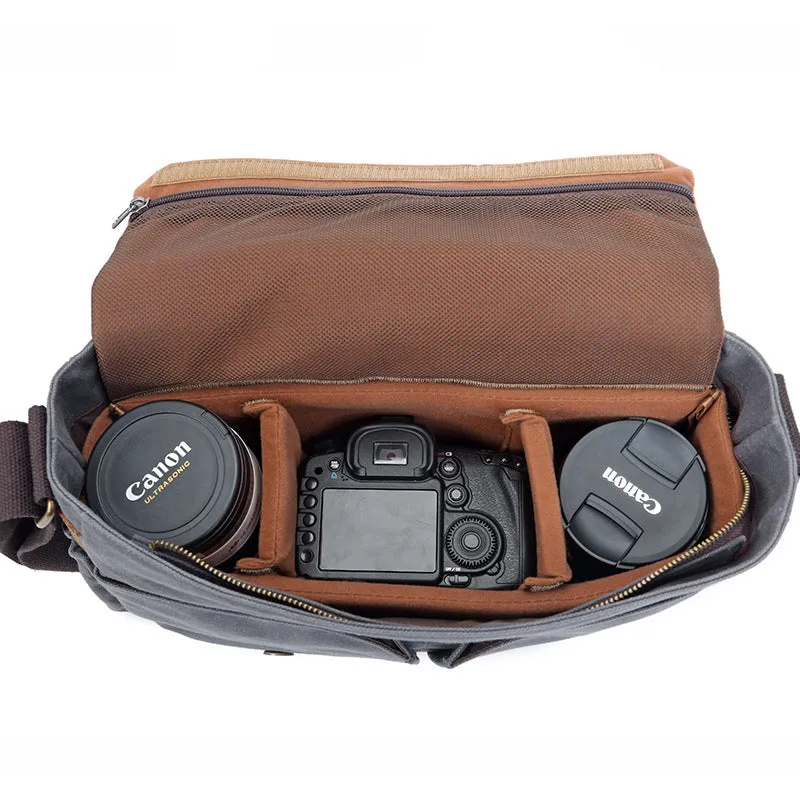 Waterproof Canvas DSLR Camera Bag Waxed Canvas Shoulder Bag Retro Messenger Bag