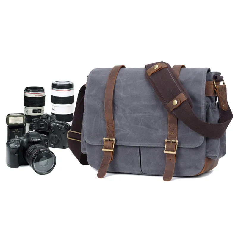 Waterproof Canvas DSLR Camera Bag Waxed Canvas Shoulder Bag Retro Messenger Bag