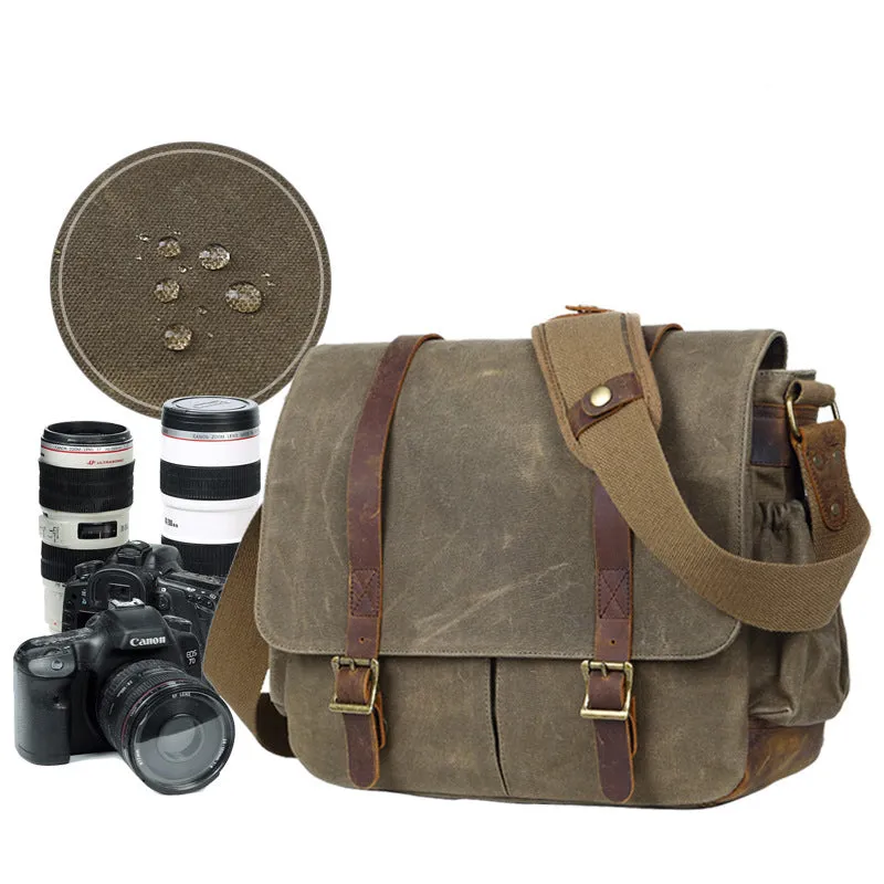 Waterproof Canvas DSLR Camera Bag Waxed Canvas Shoulder Bag Retro Messenger Bag