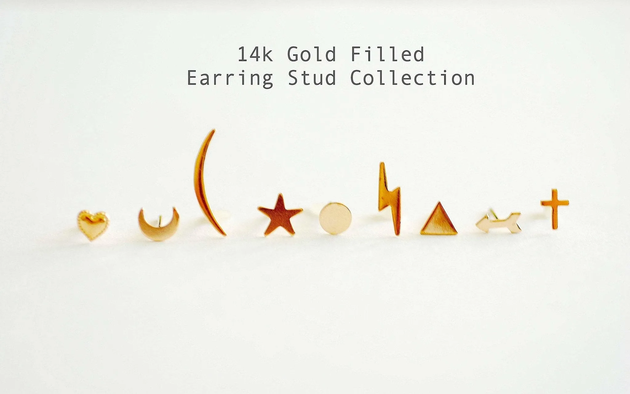 Wholesale 14k Gold Filled Earring Studs, Gold Fill Earrings, Heart, Crescent Moon, Star, Circle, Cross, Arrow, Chevron, Lightning Bolt, Triangle, Bulk Earrings