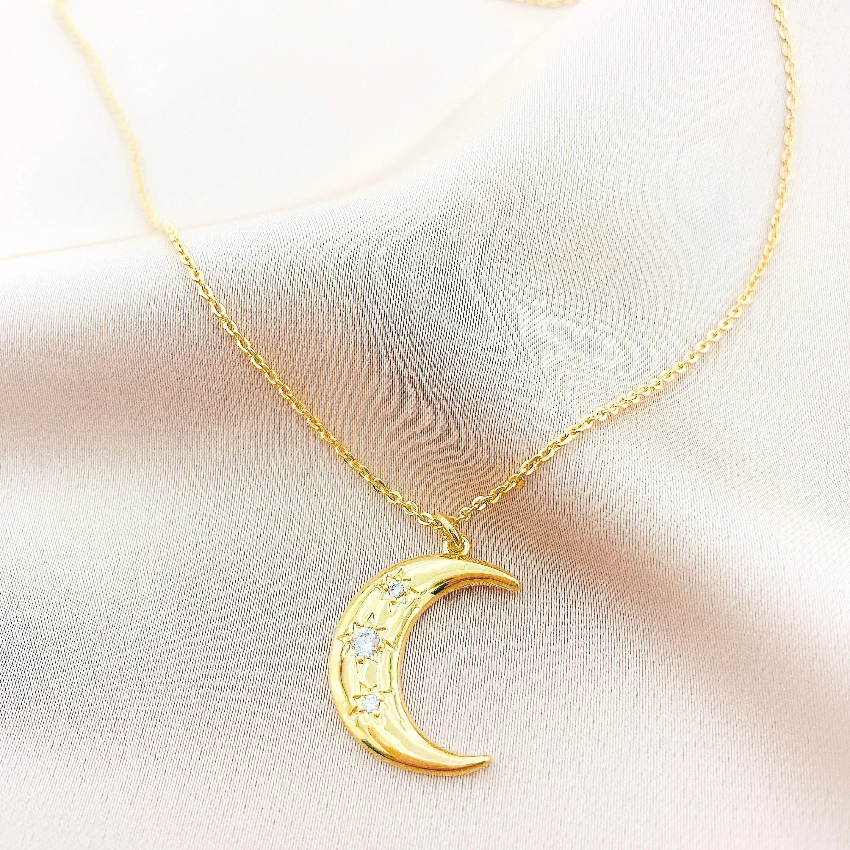 Women's CZ Crescent Moon Starburst Necklace